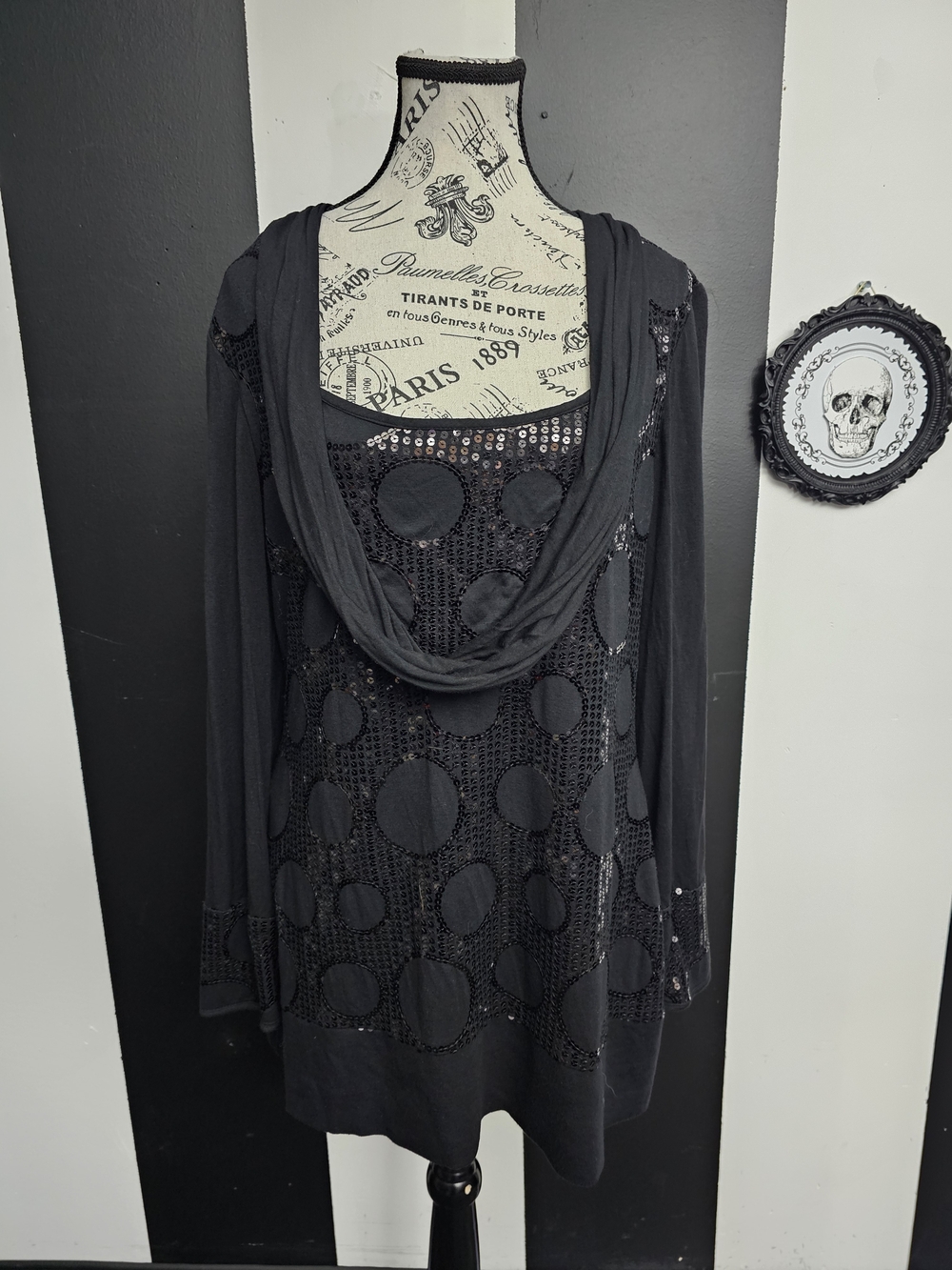 Joseph Ribkoff Black Polka Dot Sequin Tunic with Draped Neck